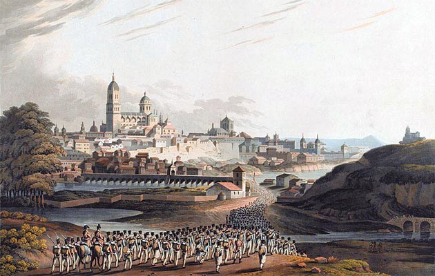Tropas británicas escoltando a prisioneros franceses a la ciudad de Salamanca el 22 de julio de 1812